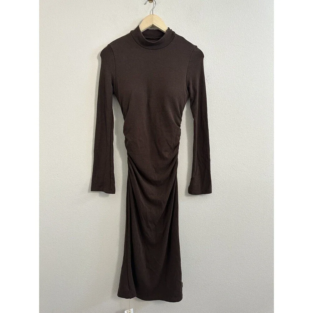 OGL Mockneck Tucks Midi Dress Hazelnut Brown Small NWT - Picture 2 of 2
